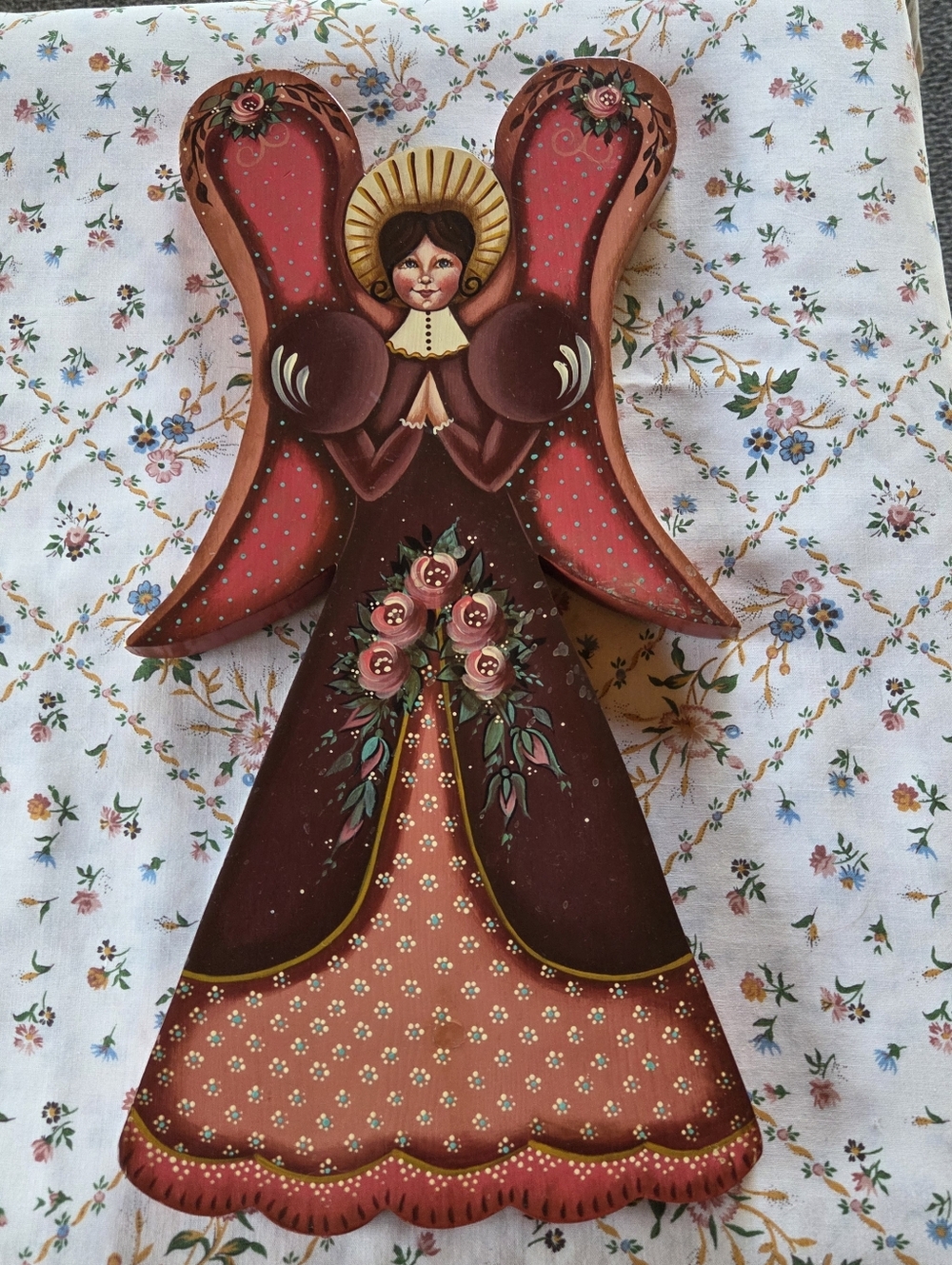 Folk Art Painted Angel Wall Hanging in Red and Burgundy